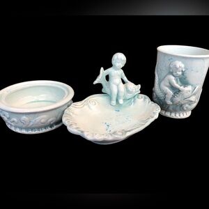3 Pc ENESCO Bath Set Boy On Dolphin Fish E4066 Trinket, Soap Dish, Cup Vintage